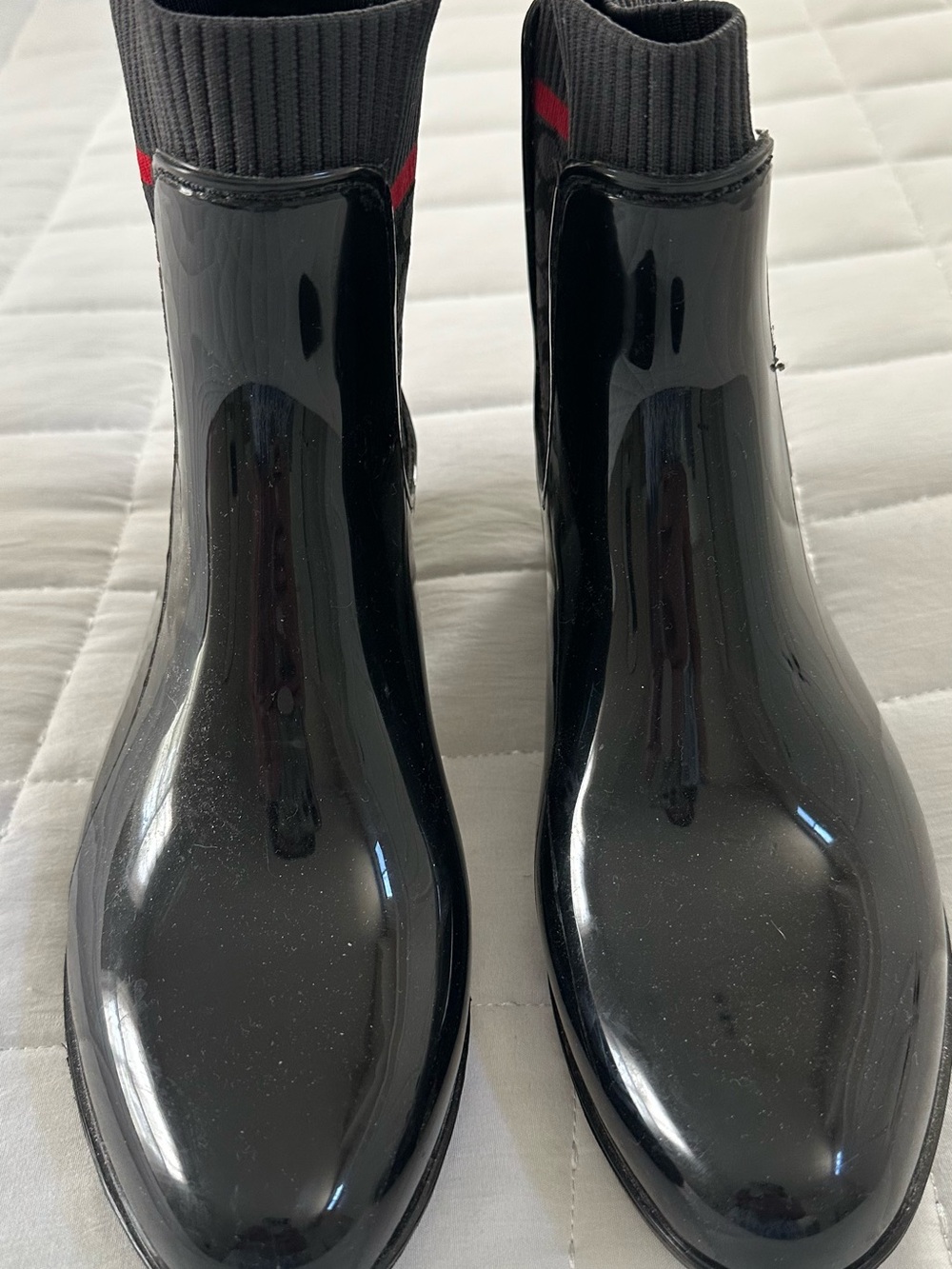 Coach Black Patent Rain Ankle Booties with Red Accent